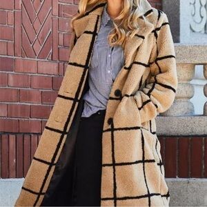 JESSICA SIMPSON Tan Black Windowpane Teddy Coat Long Jacket Women’s Size 1X EUC